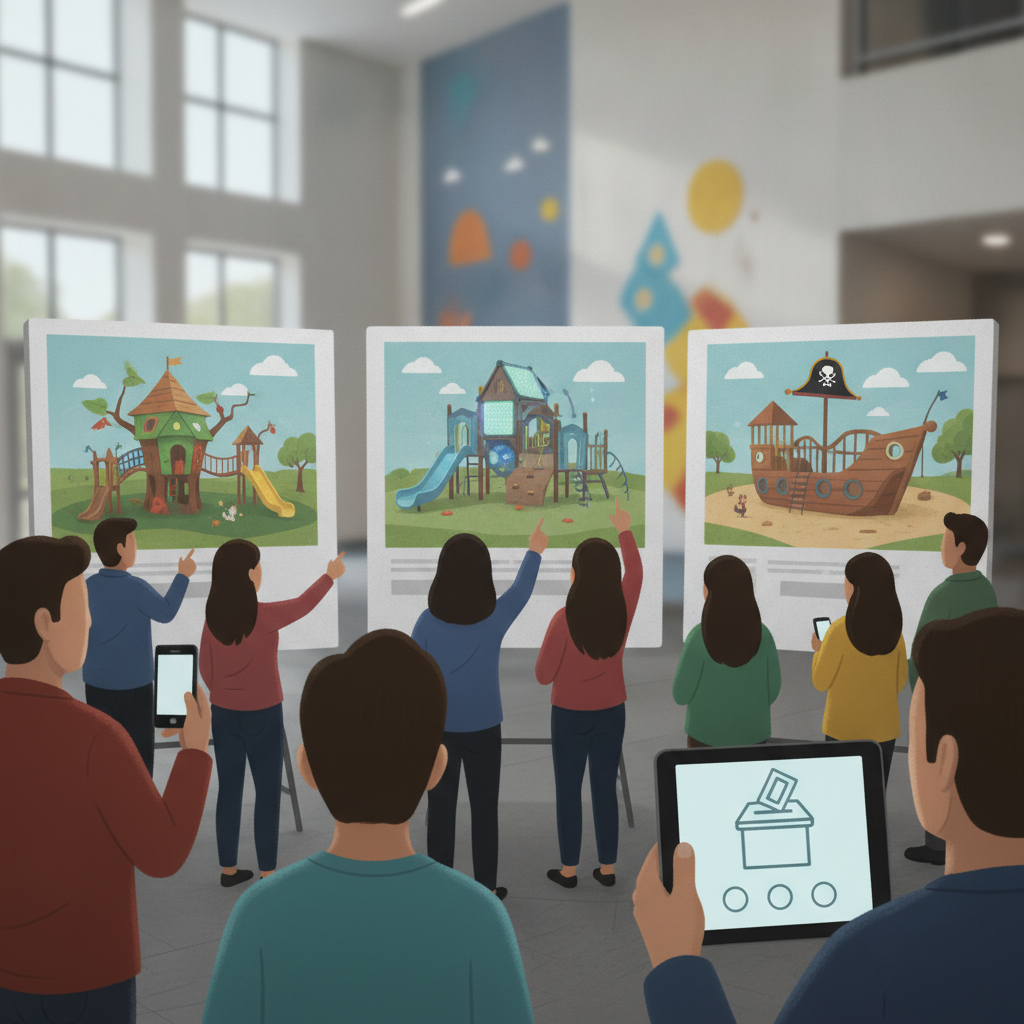 Grupo de personas votando por diseños de parque infantil del Fricker Center en un espacio interior.