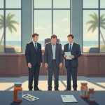 Illustration of three suited men standing beside prescription bottles and pills, rep — Pensacola doctor opioid guilty plea