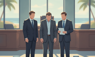 Illustration of three suited men standing beside prescription bottles and pills, rep — Pensacola doctor opioid guilty plea