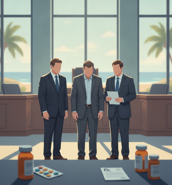 Illustration of three suited men standing beside prescription bottles and pills, rep — Pensacola doctor opioid guilty plea