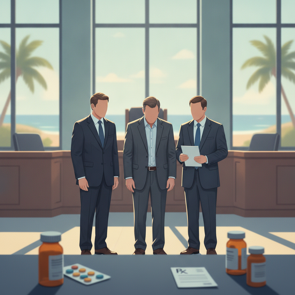 Illustration of three suited men standing beside prescription bottles and pills, rep — Pensacola doctor opioid guilty plea
