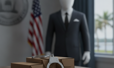 A table with two firearm silencers, handcuffs, and boxes, with a blurred figure — Pensacola felon sentenced federal prison