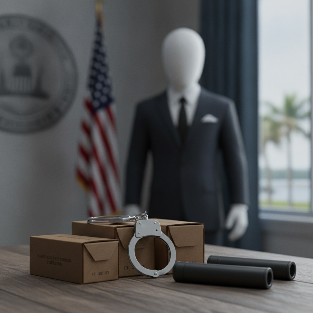 A table with two firearm silencers, handcuffs, and boxes, with a blurred figure — Pensacola felon sentenced federal prison