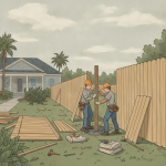Workers install a wooden privacy fence beside a home, illustrating Pensacola Fence Installation Cost.