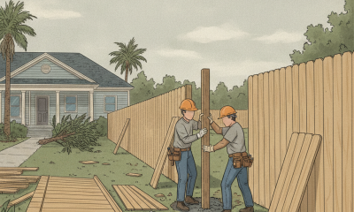 Workers install a wooden privacy fence beside a home, illustrating Pensacola Fence Installation Cost.