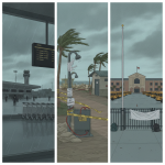 Rainy scene showing Pensacola International Airport, a closed beach utility, and a s — Pensacola Hurricane Isaias Closures