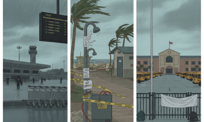 Rainy scene showing Pensacola International Airport, a closed beach utility, and a s — Pensacola Hurricane Isaias Closures