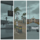 Rainy scene showing Pensacola International Airport, a closed beach utility, and a s — Pensacola Hurricane Isaias Closures