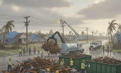 Workers in hard hats clearing storm debris in Pensacola after Hurricane Isaias, with — Pensacola Hurricane Isaias Recovery