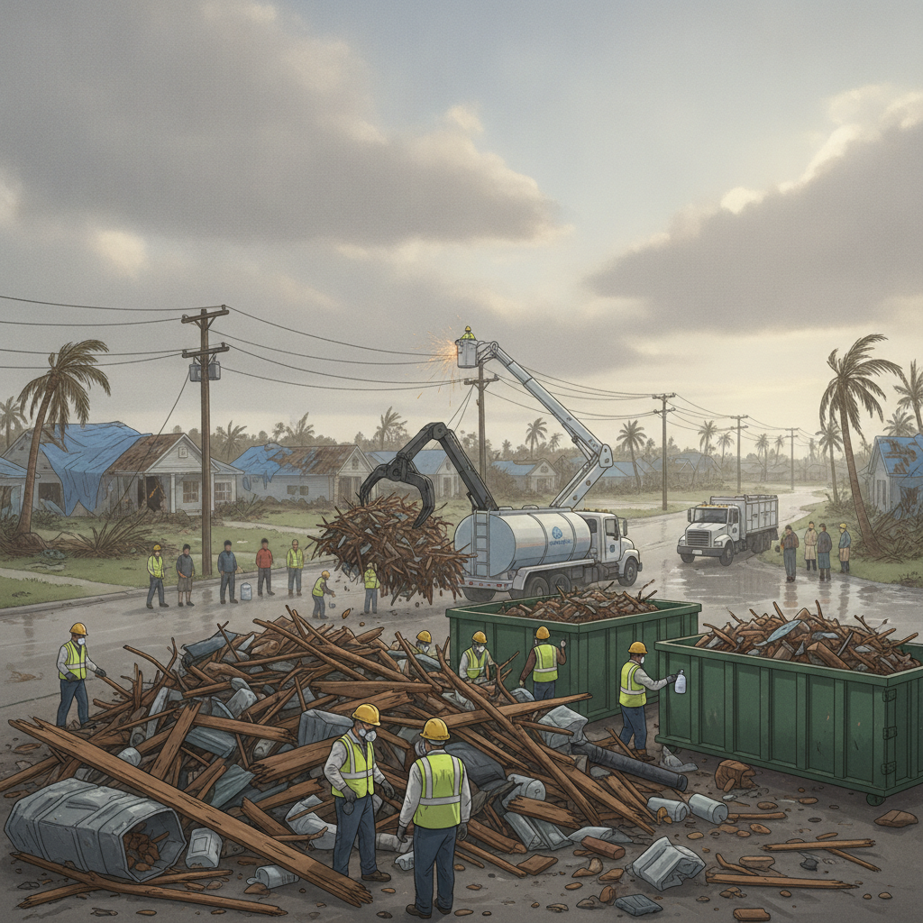 Workers in hard hats clearing storm debris in Pensacola after Hurricane Isaias, with — Pensacola Hurricane Isaias Recovery