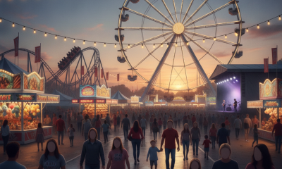 Pensacola Interstate Fair 2026 scene with a Ferris wheel, midway rides, food stands, and visitors at sunset
