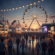 Pensacola Interstate Fair 2026 scene with a Ferris wheel, midway rides, food stands, and visitors at sunset