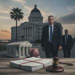 A man in a suit walks past a courthouse with a gavel and documents on a table, symbol — Pensacola Man Sentenced Bank Fraud