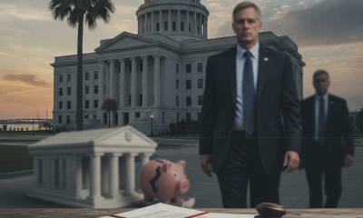 A man in a suit walks past a courthouse with a gavel and documents on a table, symbol — Pensacola Man Sentenced Bank Fraud