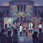 Illustrated visitors explore colorful science displays outside the Pensacola Mu — Pensacola Museum of Art Foo Foo Festival