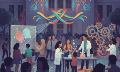Illustrated visitors explore colorful science displays outside the Pensacola Mu — Pensacola Museum of Art Foo Foo Festival