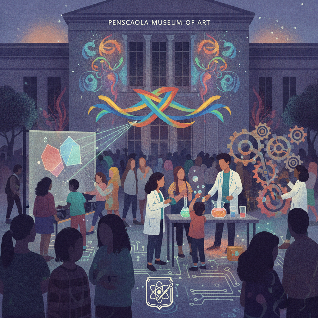 Illustrated visitors explore colorful science displays outside the Pensacola Mu — Pensacola Museum of Art Foo Foo Festival
