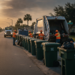 Sanitation workers in orange vests collect garbage from bins during sunset in Pensacola, h — Pensacola Trash Pickup Delays