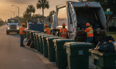 Sanitation workers in orange vests collect garbage from bins during sunset in Pensacola, h — Pensacola Trash Pickup Delays