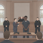 Ilustración de una audiencia judicial con un acusado esposado y agentes; cargos fe — cargos federales por armas pensacola