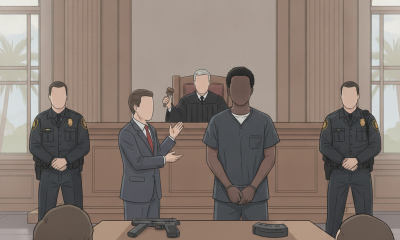 Ilustración de una audiencia judicial con un acusado esposado y agentes; cargos fe — cargos federales por armas pensacola