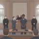 Ilustración de una audiencia judicial con un acusado esposado y agentes; cargos fe — cargos federales por armas pensacola