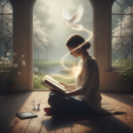 A woman reading a book in a serene setting, with a dove above and a glowing heart symboli — Psalms 51 10 daily bible verse