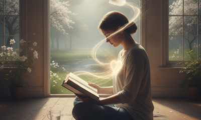 A woman reading a book in a serene setting, with a dove above and a glowing heart symboli — Psalms 51 10 daily bible verse