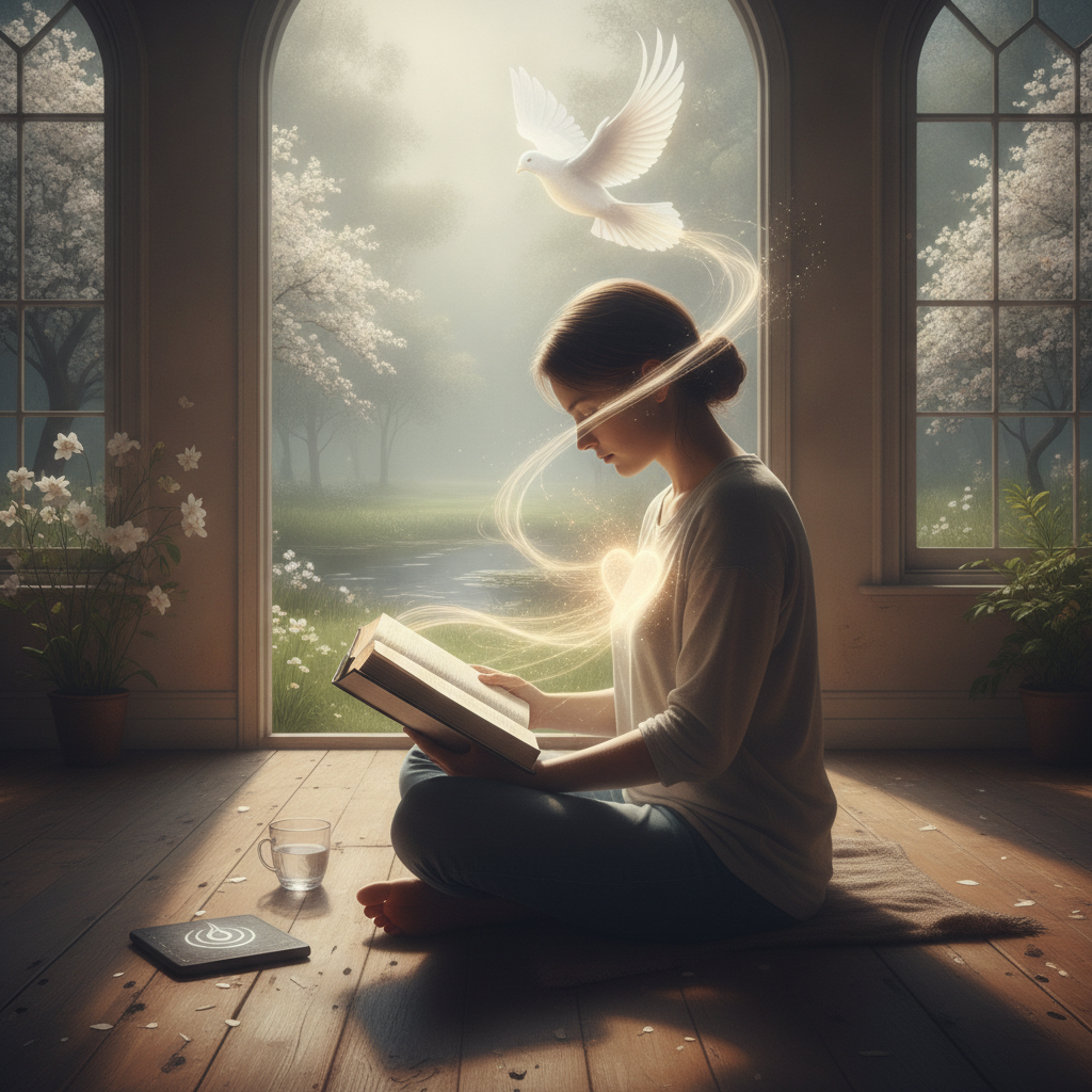 A woman reading a book in a serene setting, with a dove above and a glowing heart symboli — Psalms 51 10 daily bible verse