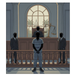 Illustration of a detained man before a judge in a courtroom, with guards and scales of ju — Quantavious Hurt judge threat