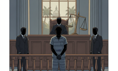 Illustration of a detained man before a judge in a courtroom, with guards and scales of ju — Quantavious Hurt judge threat