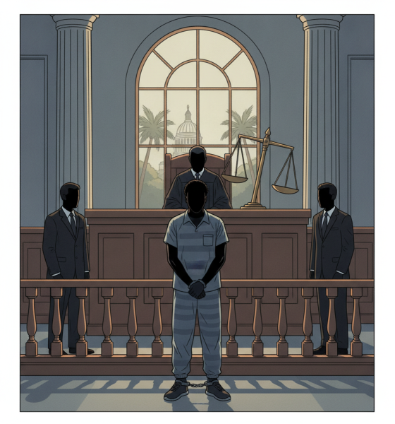 Illustration of a detained man before a judge in a courtroom, with guards and scales of ju — Quantavious Hurt judge threat