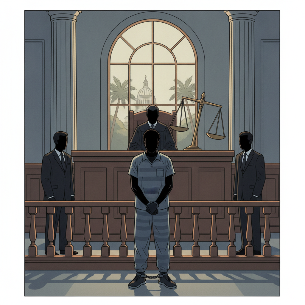 Illustration of a detained man before a judge in a courtroom, with guards and scales of ju — Quantavious Hurt judge threat