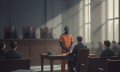 Courtroom scene depicting a defendant in an orange jumpsuit facing judges, with spect — Shannon Wilkerson appeal Pensacola