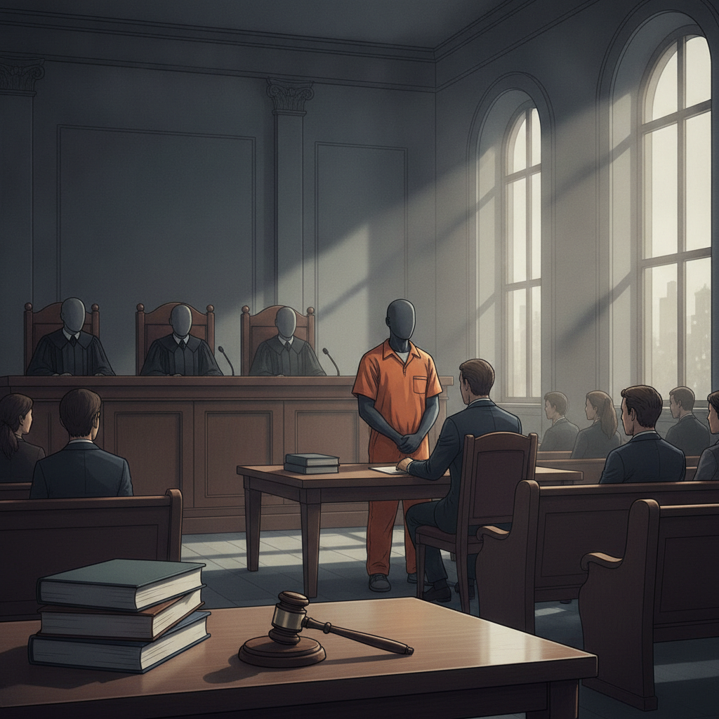 Courtroom scene depicting a defendant in an orange jumpsuit facing judges, with spect — Shannon Wilkerson appeal Pensacola