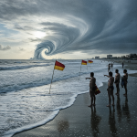 Beachgoers observe warning flags as large waves crash along the shore, indicating rip cur — rip currents Northwest Florida