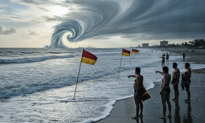 Beachgoers observe warning flags as large waves crash along the shore, indicating rip cur — rip currents Northwest Florida