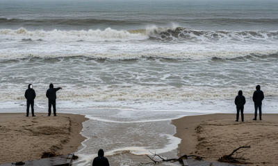 Five individuals in dark jackets observing rough ocean waves on a beach, highlighting rip cur — rip current risk Pensacola