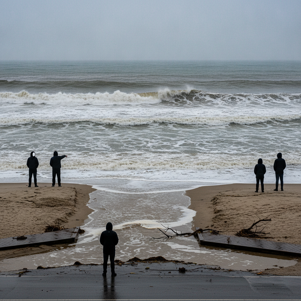 Five individuals in dark jackets observing rough ocean waves on a beach, highlighting rip cur — rip current risk Pensacola