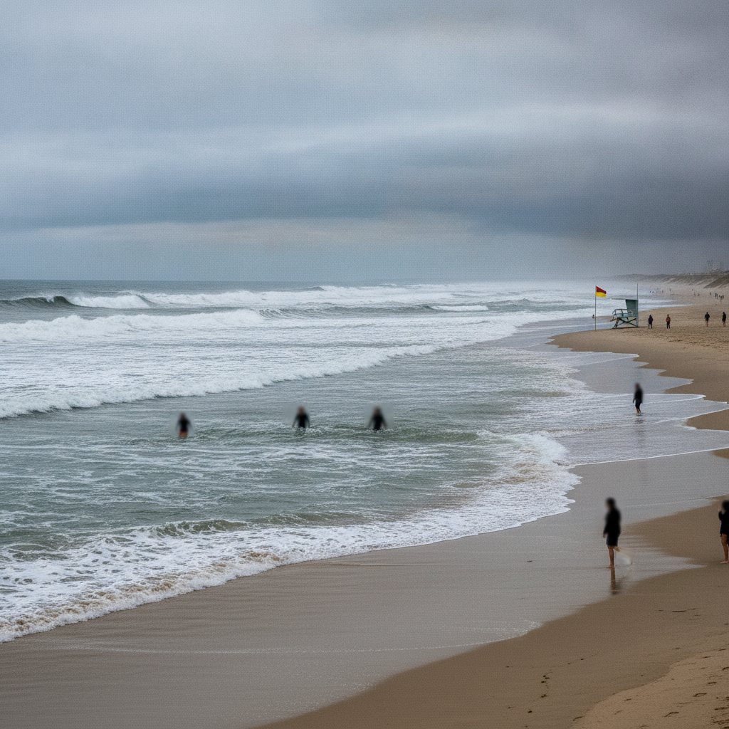 Rip Current Statement: rough surf and swimmers near shore beneath a cloudy sky — Escambia County rip current warning