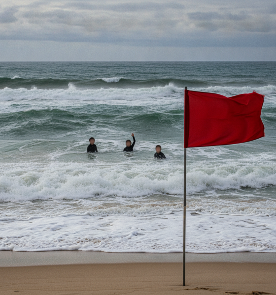 Red warning flag on a beach as swimmers face rough surf during a rip current state — rip current statement escambia county