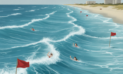 Waves with red flags warning of dangerous Pensacola Beach rip currents, swimmers in the water near the shore.