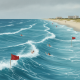 Waves with red flags warning of dangerous Pensacola Beach rip currents, swimmers in the water near the shore.