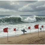 Surfers near red warning flags on a beach with large waves, indicating a Pensacola Beach high surf warning.