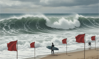 Surfers near red warning flags on a beach with large waves, indicating a Pensacola Beach high surf warning.