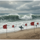 Surfers near red warning flags on a beach with large waves, indicating a Pensacola Beach high surf warning.