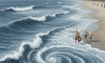 Two figures on a beach pointing towards turbulent waves, highlighting the dangers of rip currents. — Rip Current Statement