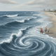 Two figures on a beach pointing towards turbulent waves, highlighting the dangers of rip currents. — Rip Current Statement
