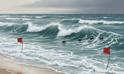 Waves crashing on a beach with red flags warning of dangerous rip currents, surfer — rip current statement escambia county