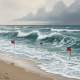 Waves crashing on a beach with red flags warning of dangerous rip currents, surfer — rip current statement escambia county